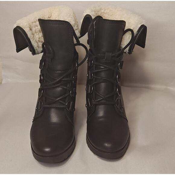 Sorel After Hours Lace Up Boot Women's 6.5 Black Leather Shearling Top Roll - Picture 4 of 11